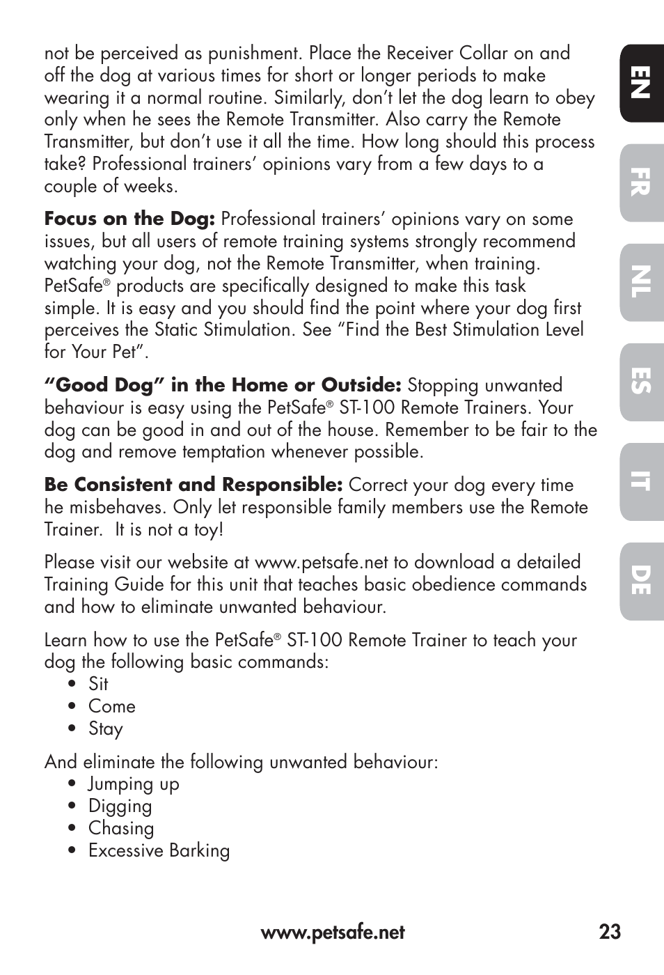 Fr en es nl it de | Petsafe Big Dog Remote Trainer User Manual | Page 23 / 200