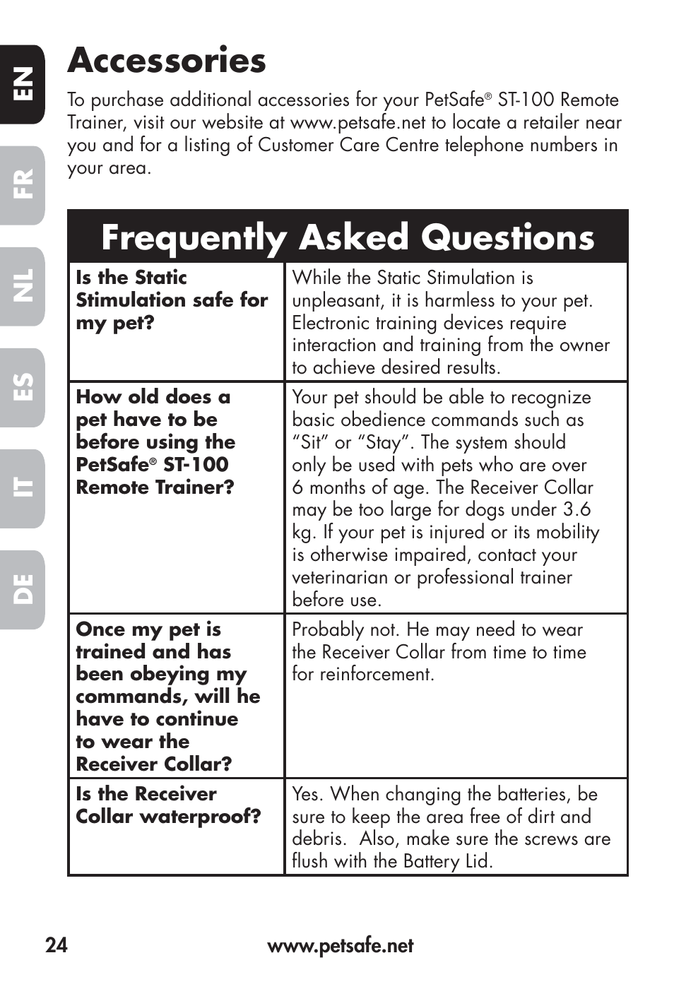 Accessories, Frequently asked questions, Fr en es nl it de | Petsafe Big Dog Remote Trainer User Manual | Page 24 / 200