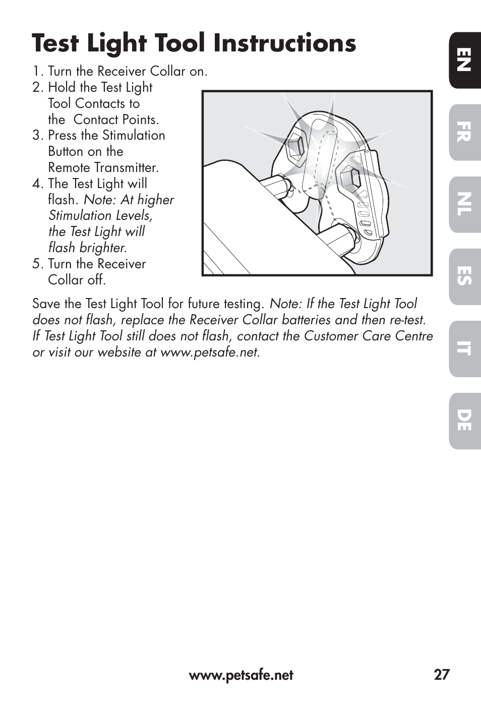 Test light tool instructions, Fr en es nl it de | Petsafe Big Dog Remote Trainer User Manual | Page 27 / 200