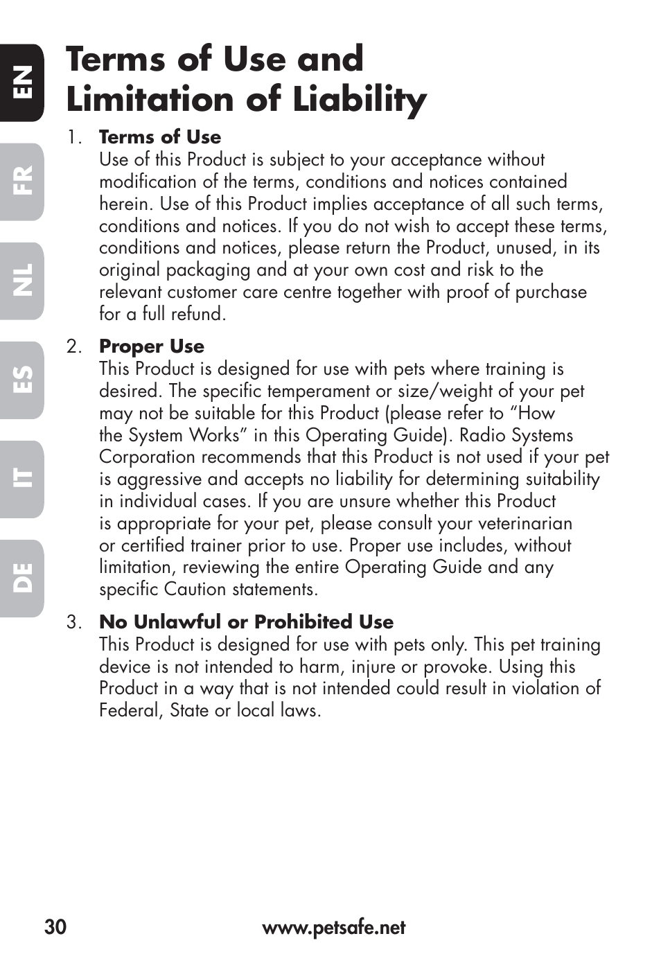 Terms of use and limitation of liability | Petsafe Big Dog Remote Trainer User Manual | Page 30 / 200
