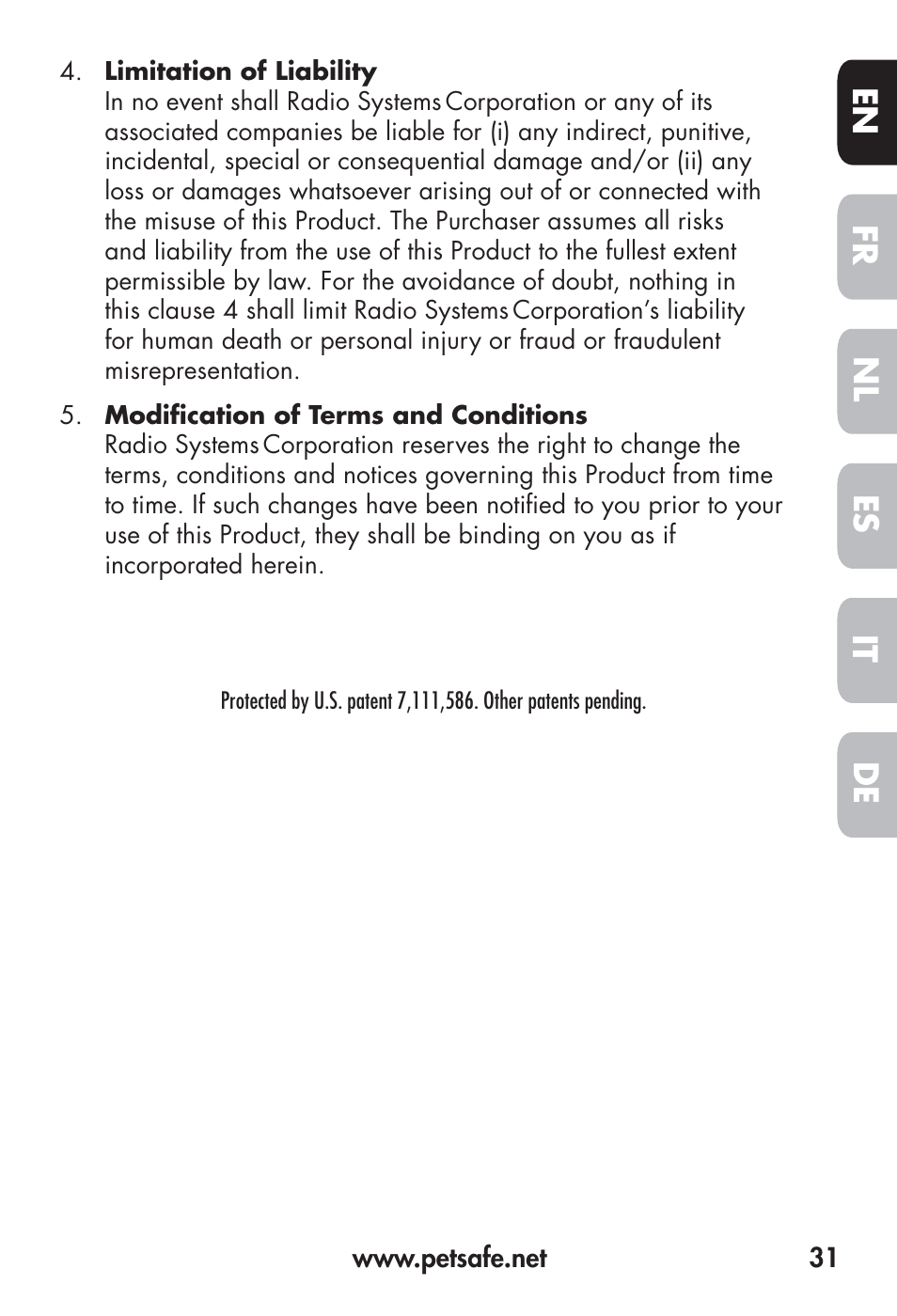 Fr en es nl it de | Petsafe Big Dog Remote Trainer User Manual | Page 31 / 200