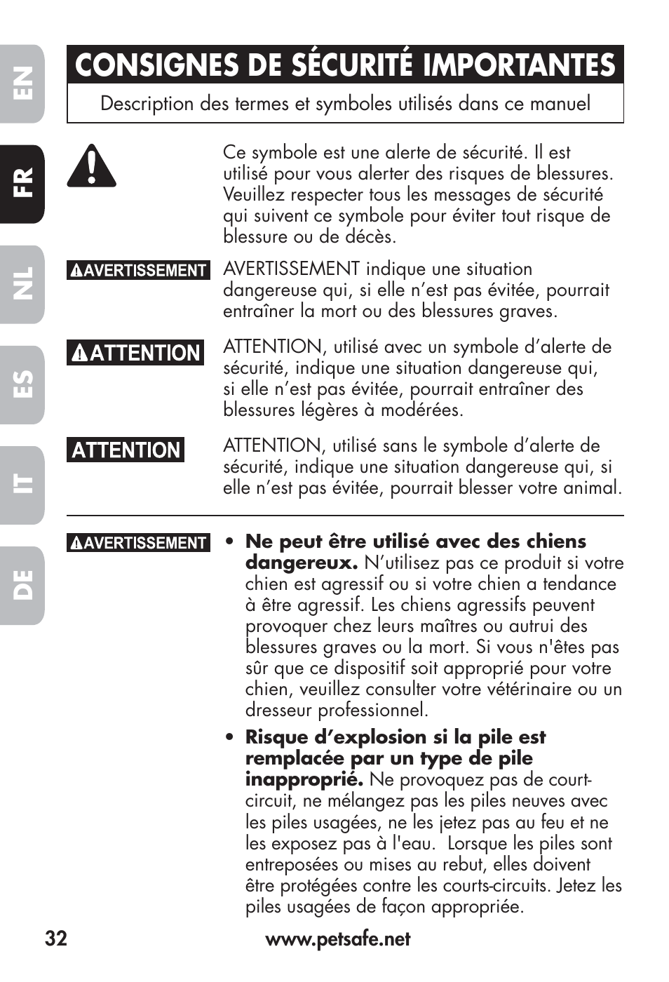 Consignes de sécurité importantes, Fr en es nl it de | Petsafe Big Dog Remote Trainer User Manual | Page 32 / 200