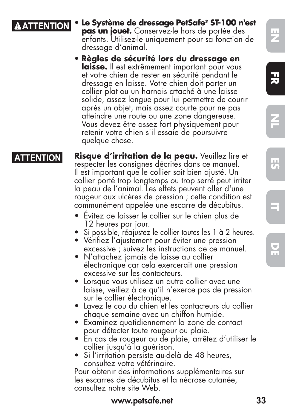 Fr en es nl it de | Petsafe Big Dog Remote Trainer User Manual | Page 33 / 200