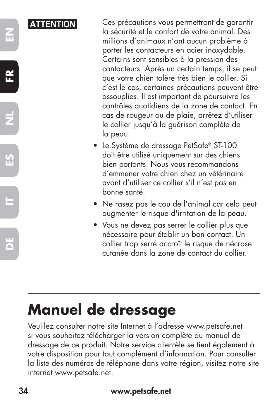 Manuel de dressage, Fr en es nl it de | Petsafe Big Dog Remote Trainer User Manual | Page 34 / 200