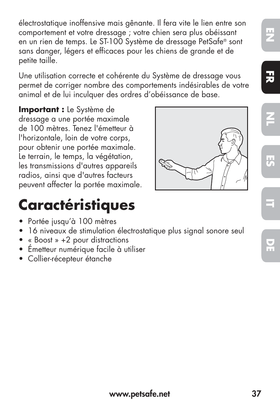 Caractéristiques, Fr en es nl it de | Petsafe Big Dog Remote Trainer User Manual | Page 37 / 200
