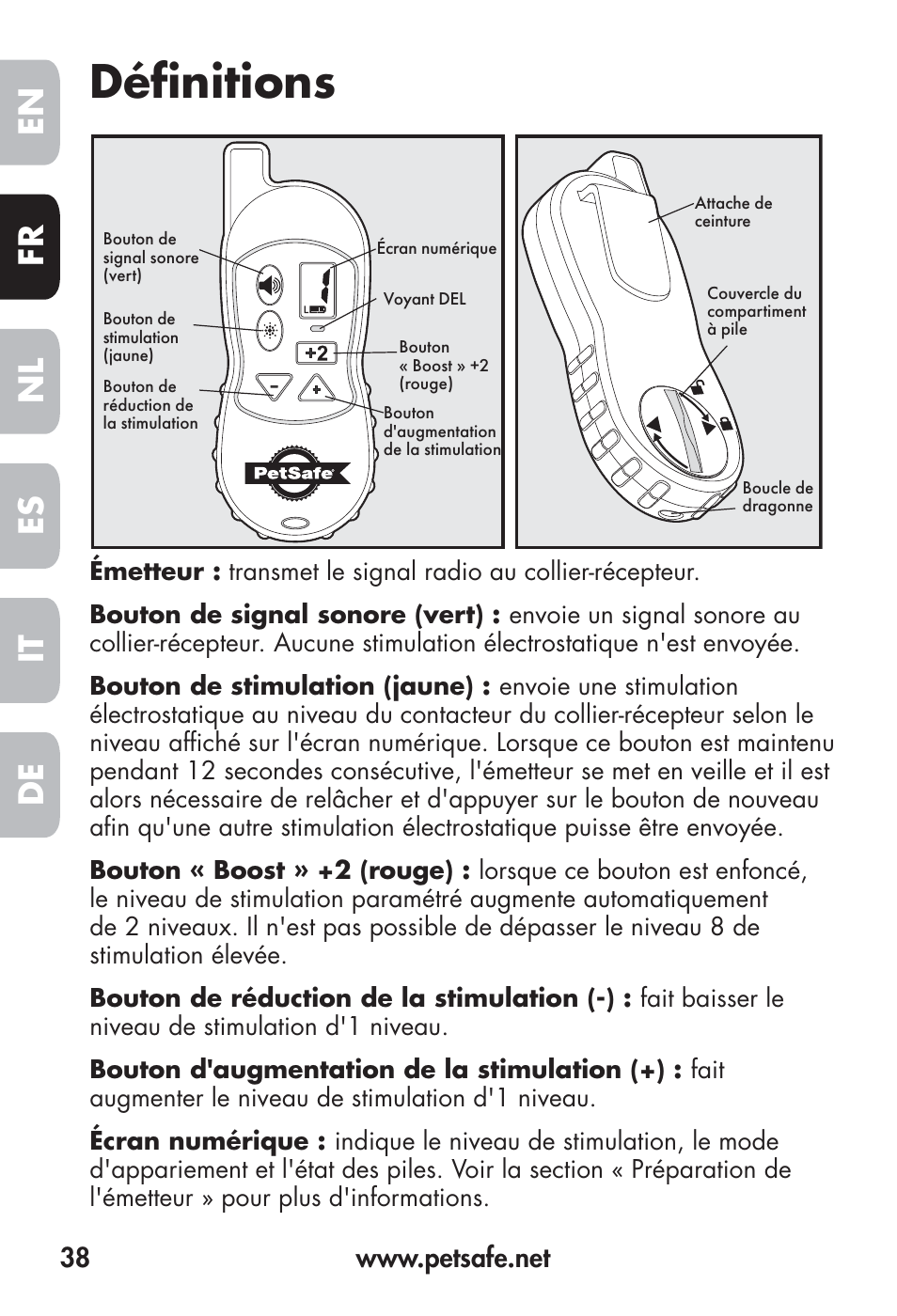 Défi nitions, Fr en es nl it de | Petsafe Big Dog Remote Trainer User Manual | Page 38 / 200