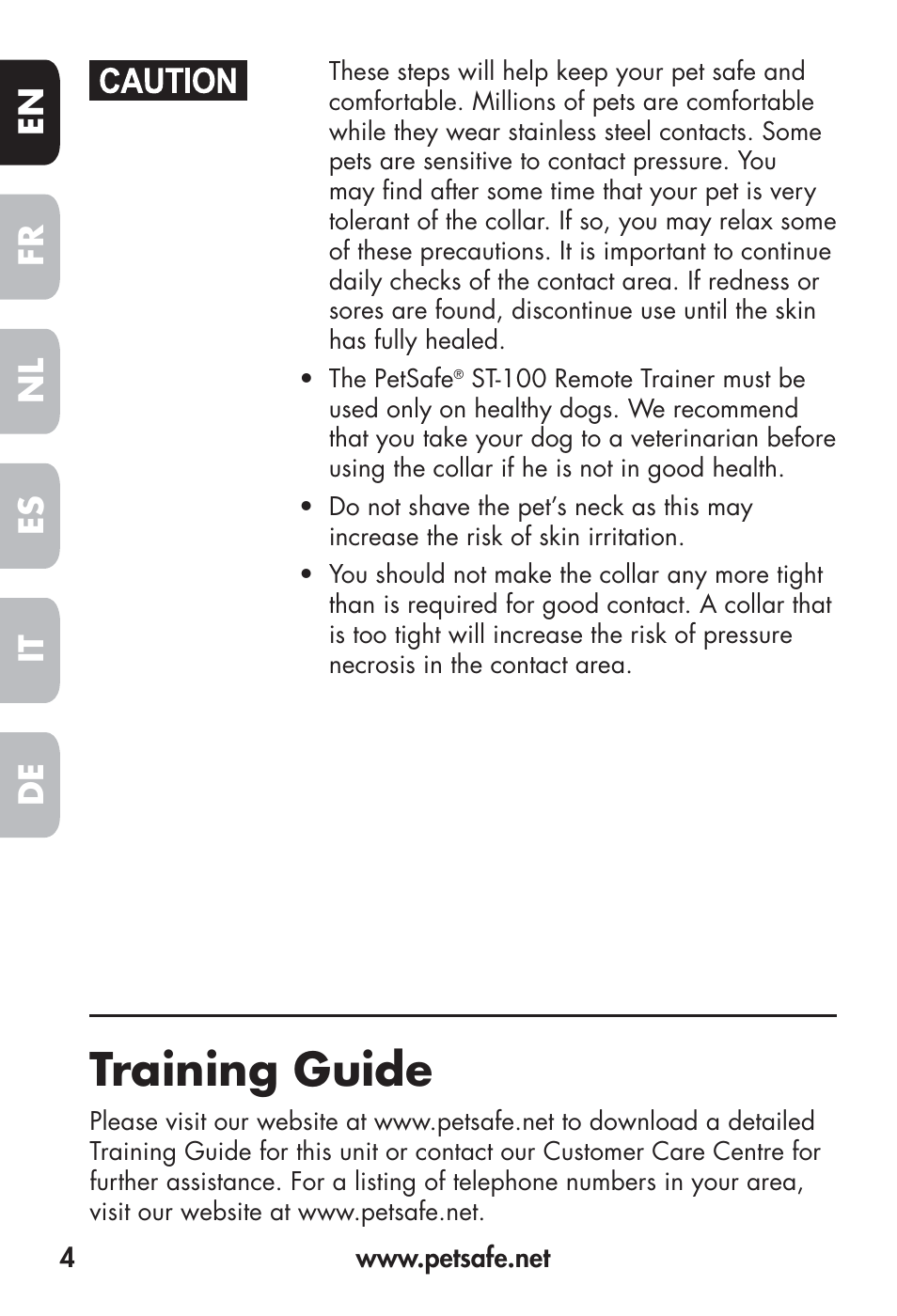 Training guide, Fr en es nl it de | Petsafe Big Dog Remote Trainer User Manual | Page 4 / 200