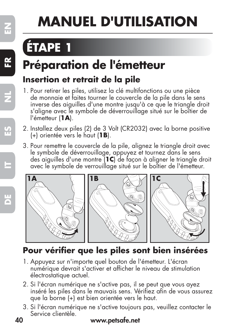 Manuel d'utilisation, Étape 1 préparation de l'émetteur, Fr en es nl it de | Petsafe Big Dog Remote Trainer User Manual | Page 40 / 200