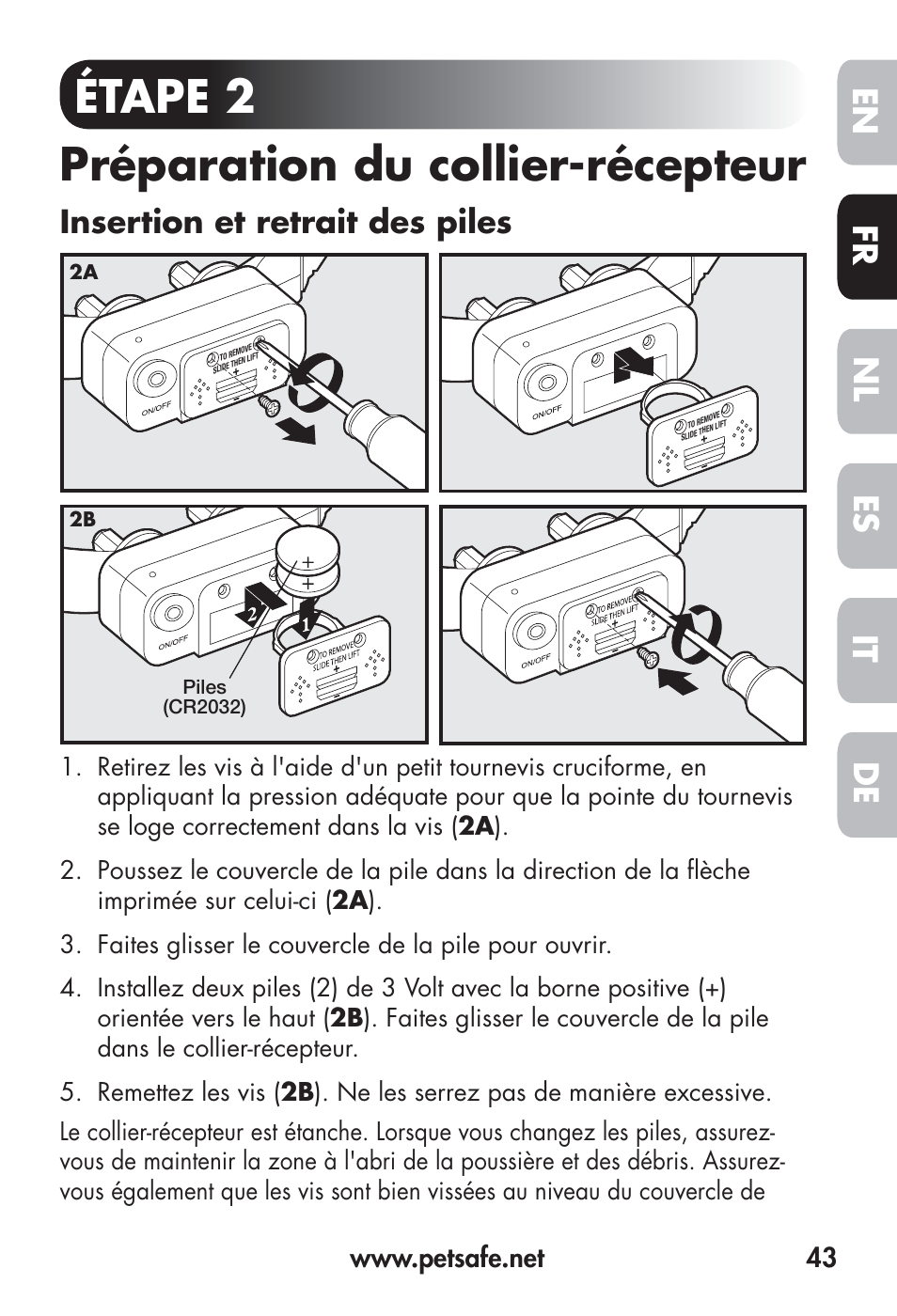 Étape 2 préparation du collier-récepteur, Fr en es nl it de, Insertion et retrait des piles | Petsafe Big Dog Remote Trainer User Manual | Page 43 / 200