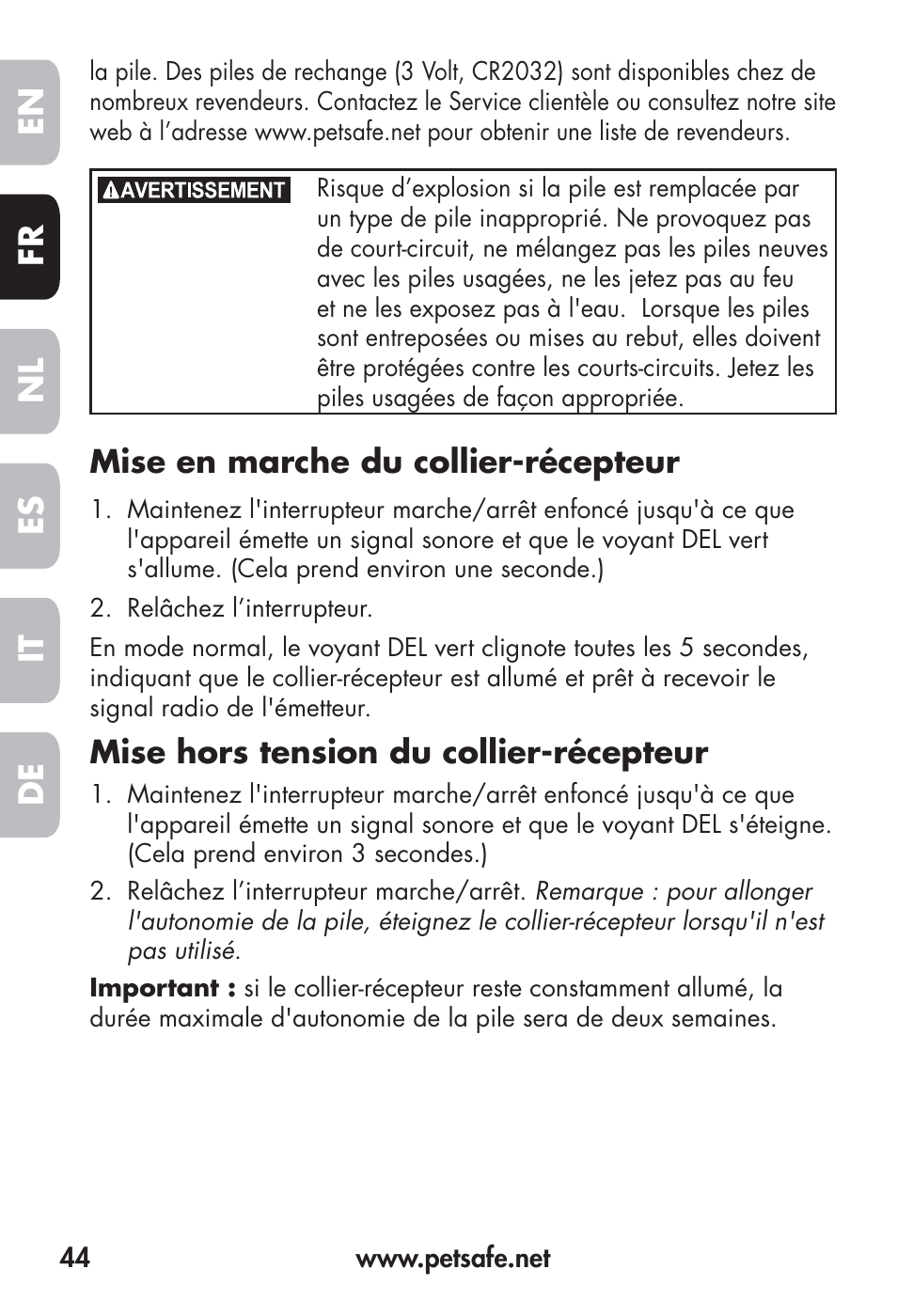 Fr en es nl it de | Petsafe Big Dog Remote Trainer User Manual | Page 44 / 200