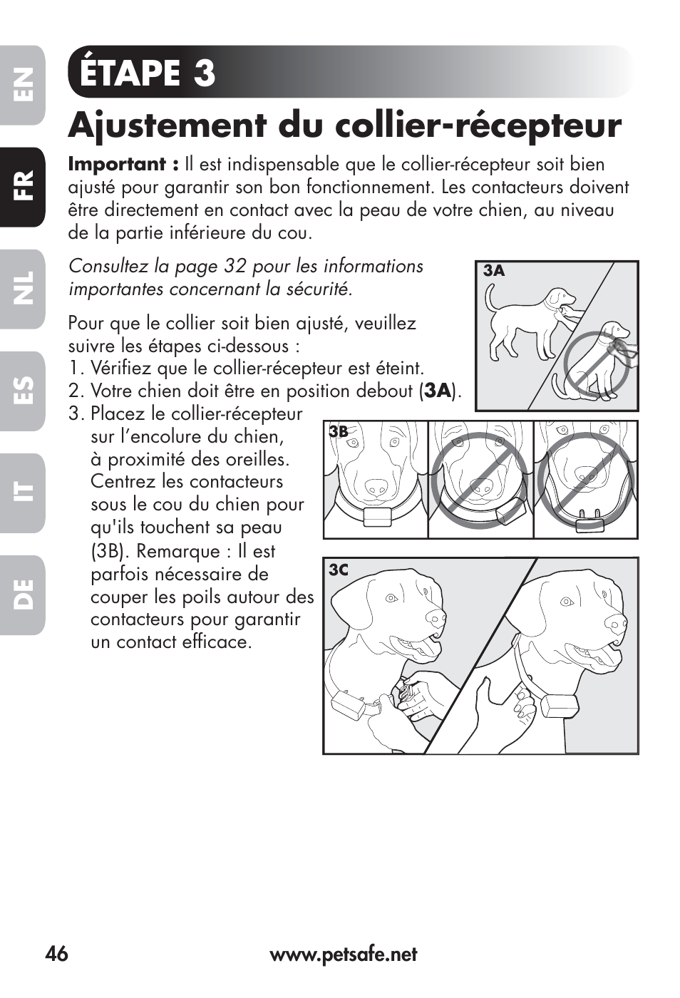Étape 3 ajustement du collier-récepteur, Fr en es nl it de | Petsafe Big Dog Remote Trainer User Manual | Page 46 / 200