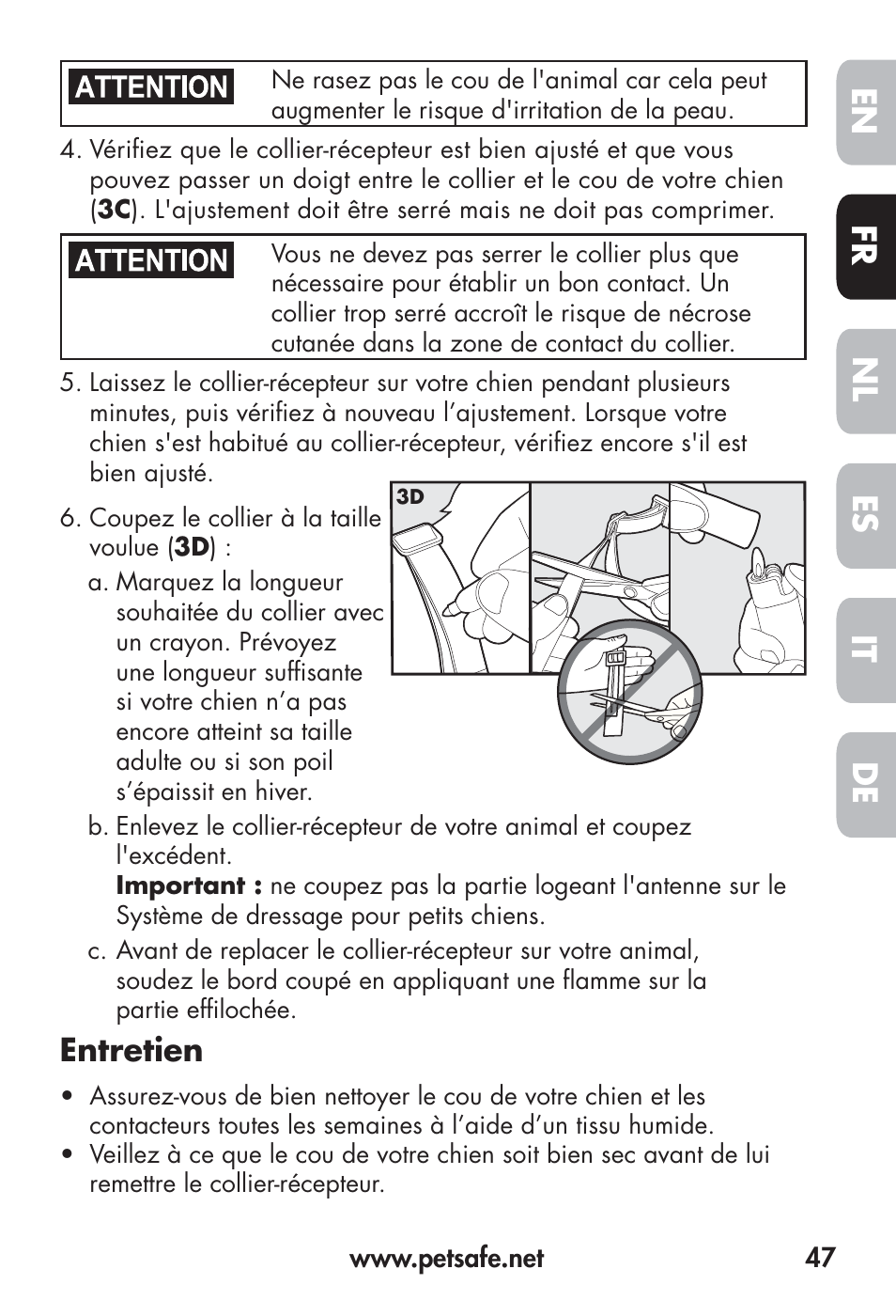 Fr en es nl it de, Entretien | Petsafe Big Dog Remote Trainer User Manual | Page 47 / 200