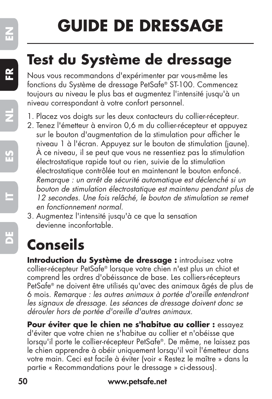 Guide de dressage, Test du système de dressage, Conseils | Fr en es nl it de | Petsafe Big Dog Remote Trainer User Manual | Page 50 / 200