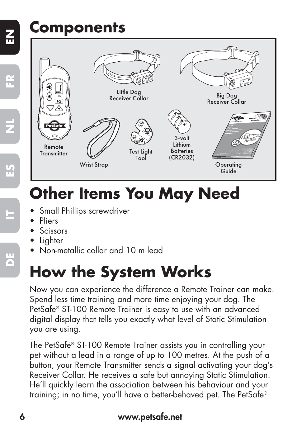 Components other items you may need, How the system works, Fr en es nl it de | Petsafe Big Dog Remote Trainer User Manual | Page 6 / 200