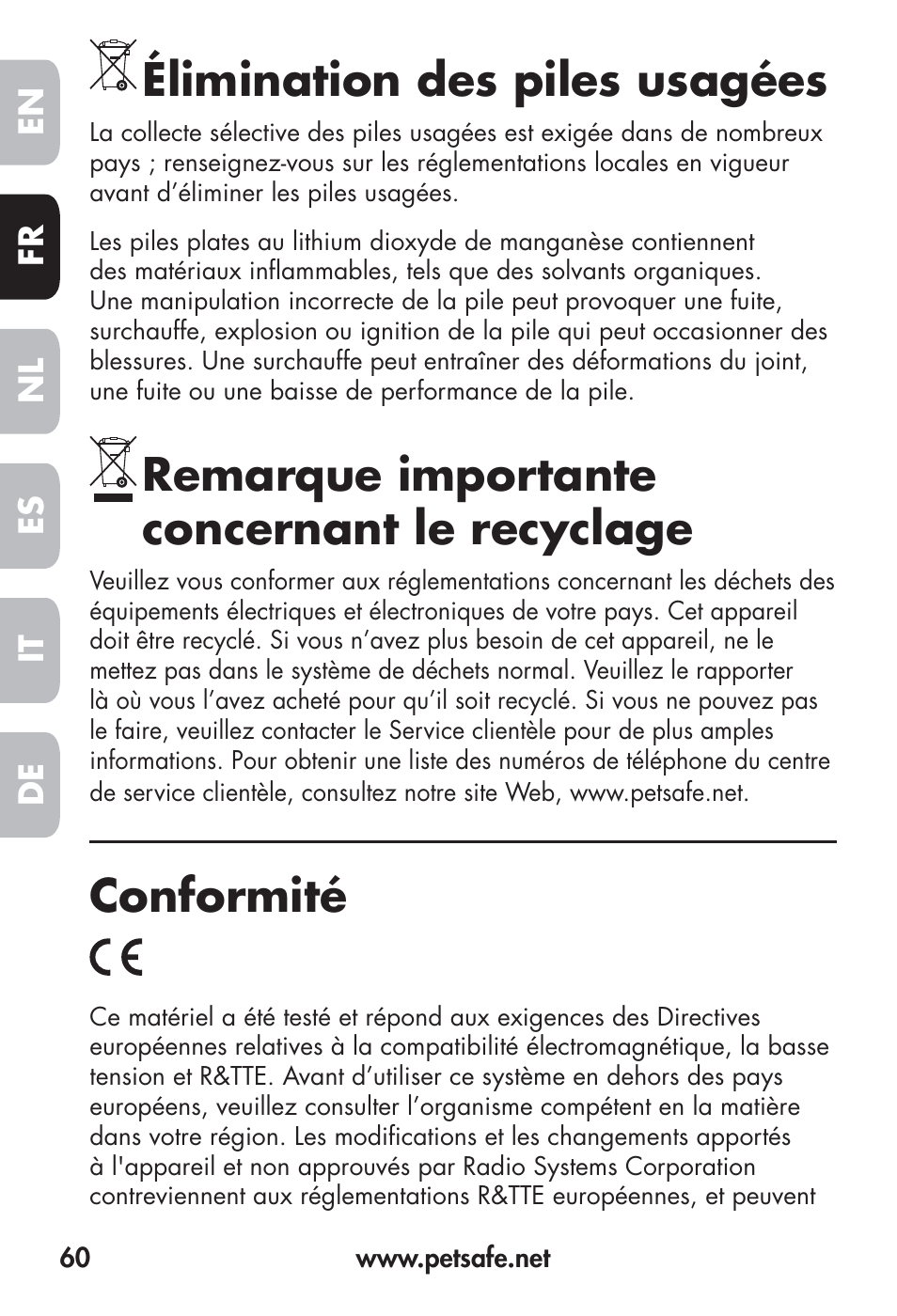 Élimination des piles usagées, Remarque importante concernant le recyclage, Conformité | Petsafe Big Dog Remote Trainer User Manual | Page 60 / 200