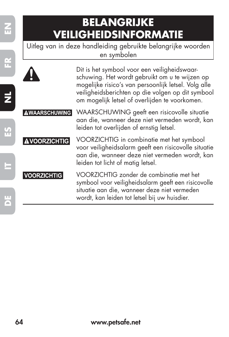 Belangrijke veiligheidsinformatie | Petsafe Big Dog Remote Trainer User Manual | Page 64 / 200