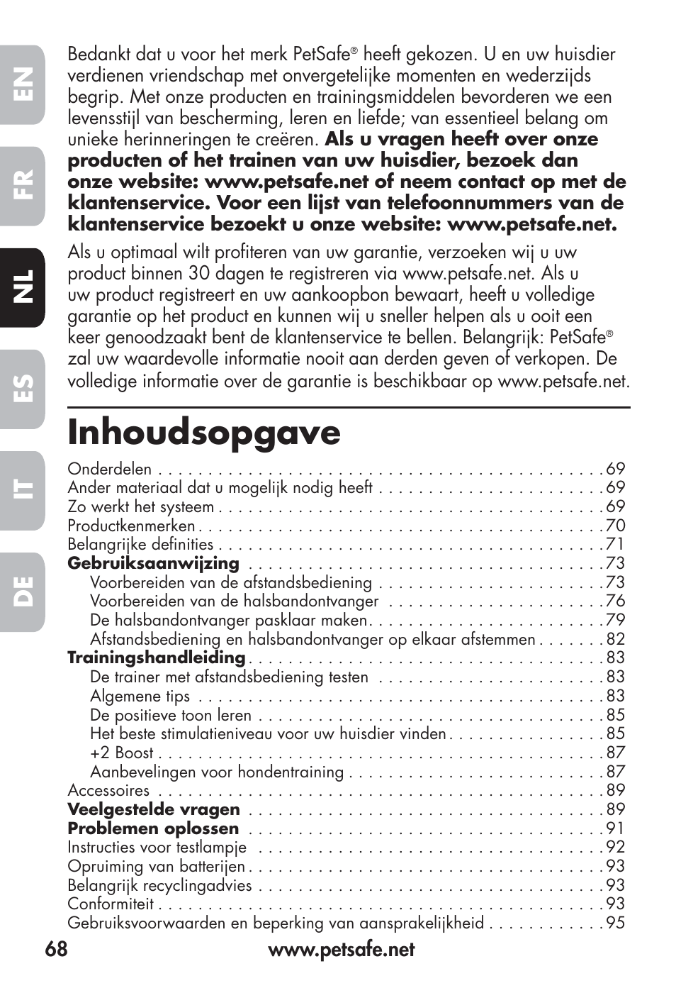 Inhoudsopgave, Fr en es nl it de | Petsafe Big Dog Remote Trainer User Manual | Page 68 / 200