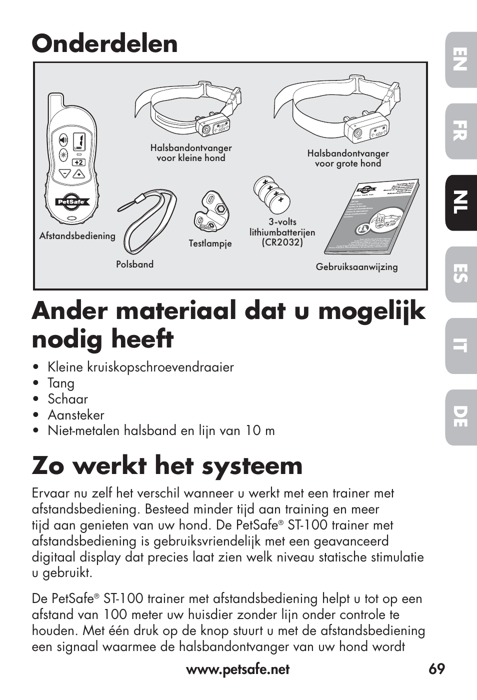 Zo werkt het systeem, Fr en es nl it de | Petsafe Big Dog Remote Trainer User Manual | Page 69 / 200