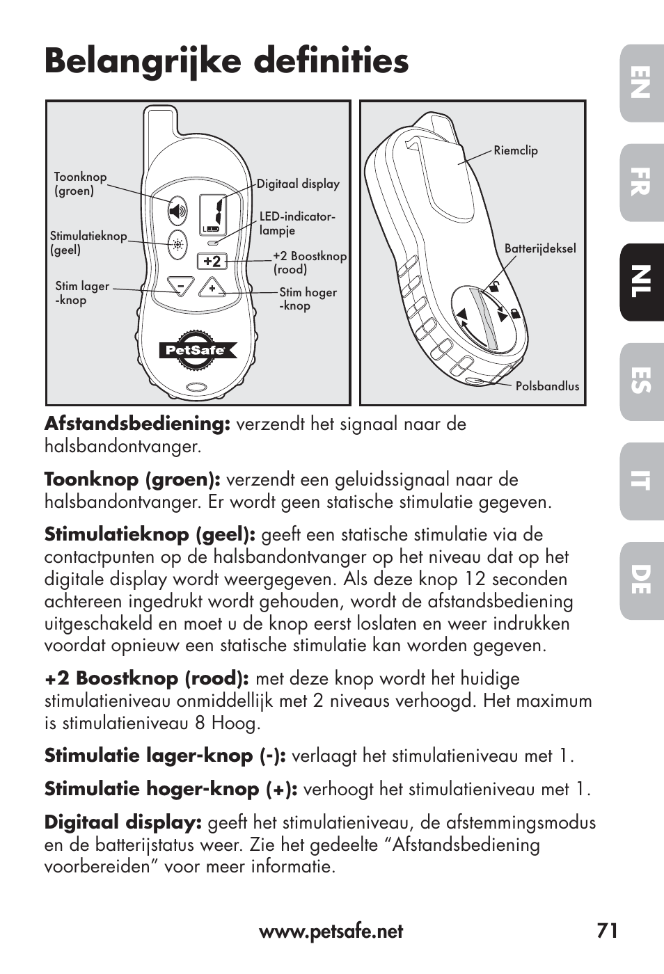 Belangrijke defi nities, Fr en es nl it de | Petsafe Big Dog Remote Trainer User Manual | Page 71 / 200