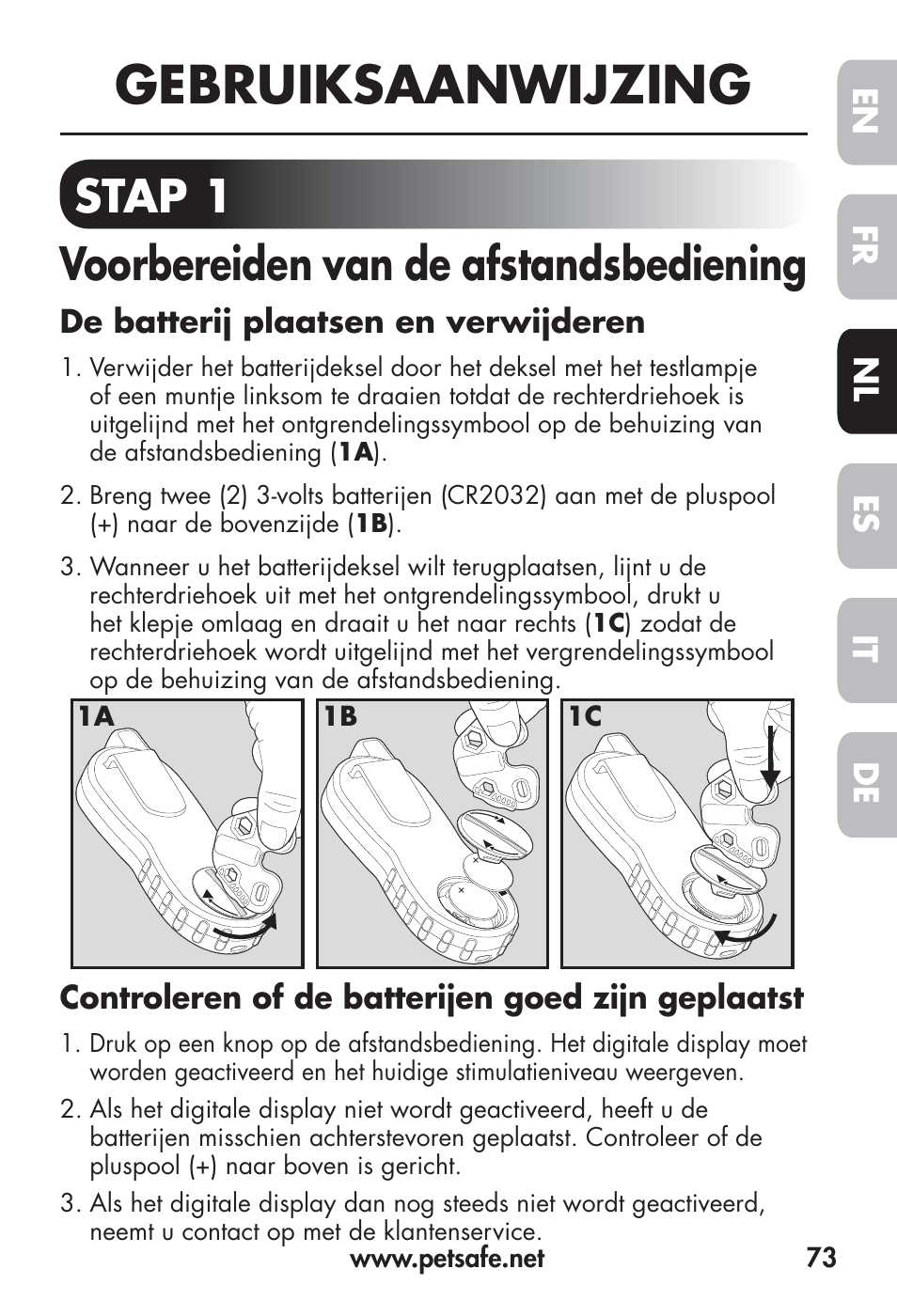 Gebruiksaanwijzing, Stap 1 voorbereiden van de afstandsbediening | Petsafe Big Dog Remote Trainer User Manual | Page 73 / 200