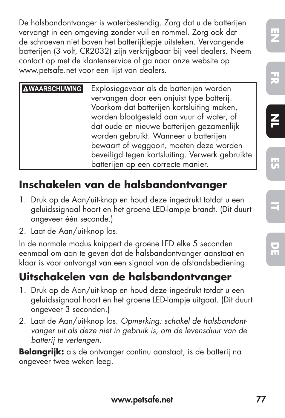 Fr en es nl it de | Petsafe Big Dog Remote Trainer User Manual | Page 77 / 200