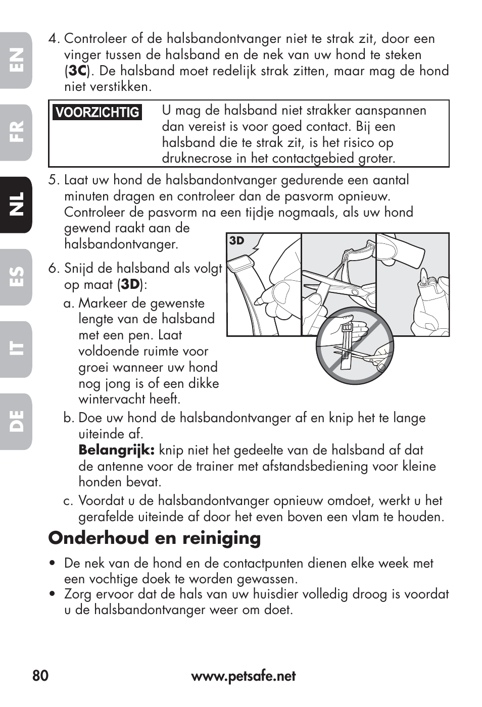 Fr en es nl it de, Onderhoud en reiniging | Petsafe Big Dog Remote Trainer User Manual | Page 80 / 200
