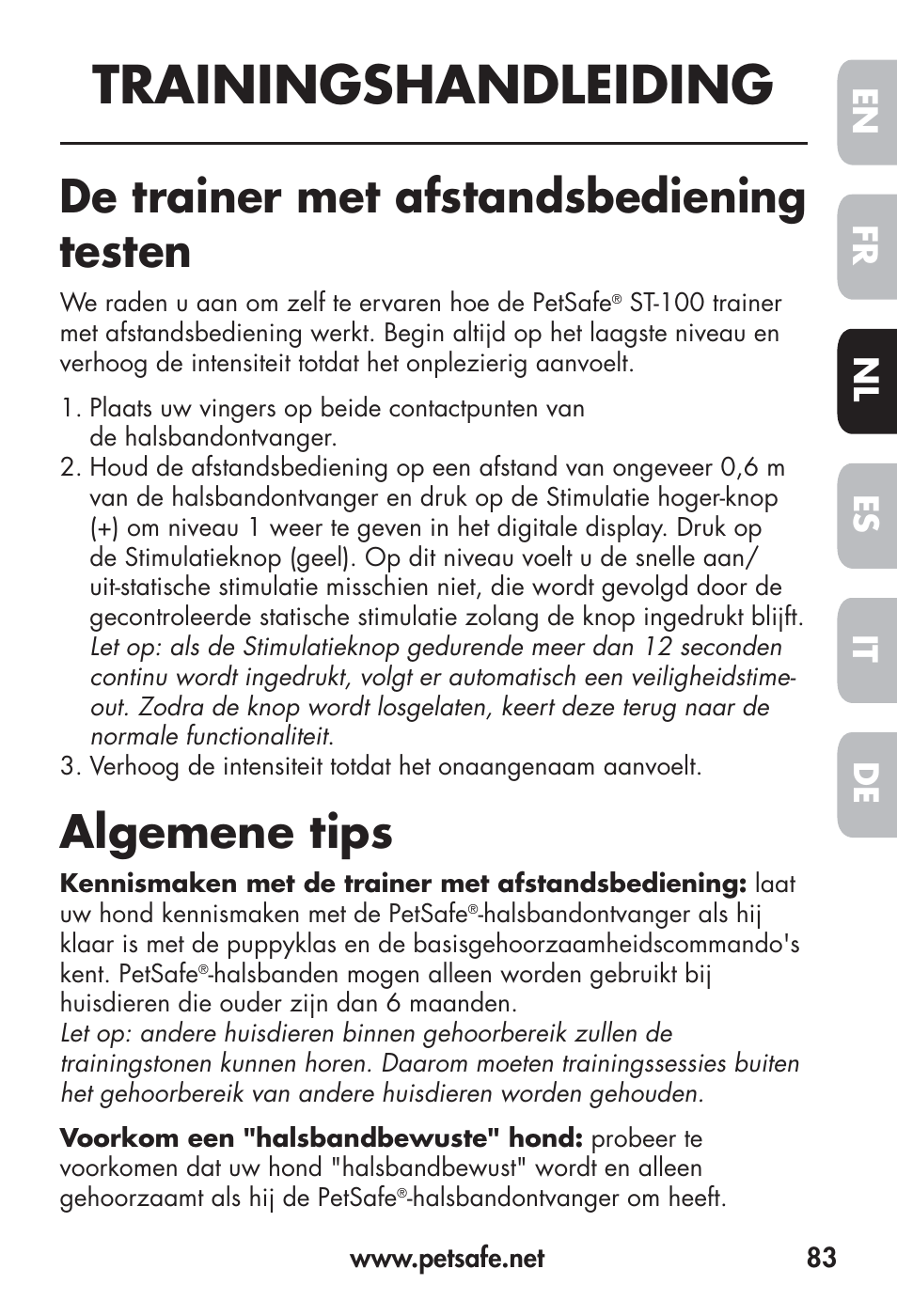 Trainingshandleiding, De trainer met afstandsbediening testen, Algemene tips | Fr en es nl it de | Petsafe Big Dog Remote Trainer User Manual | Page 83 / 200