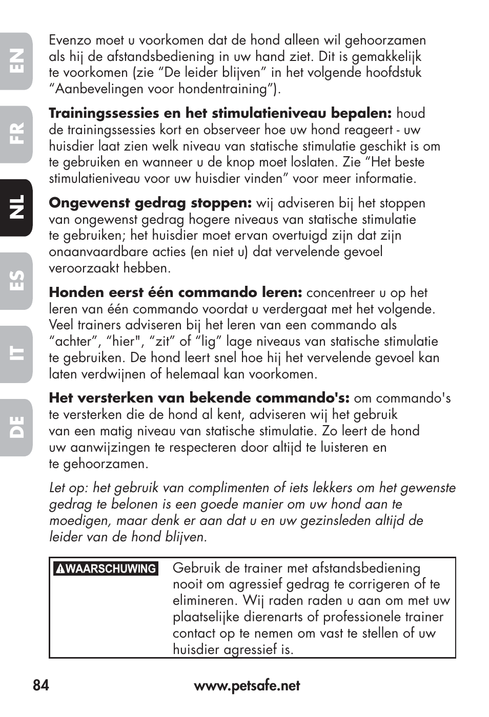 Fr en es nl it de | Petsafe Big Dog Remote Trainer User Manual | Page 84 / 200