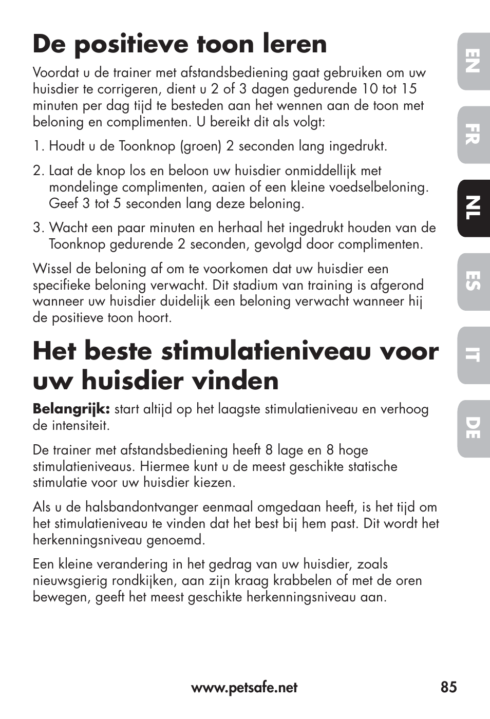 De positieve toon leren, Het beste stimulatieniveau voor uw huisdier vinden, Fr en es nl it de | Petsafe Big Dog Remote Trainer User Manual | Page 85 / 200