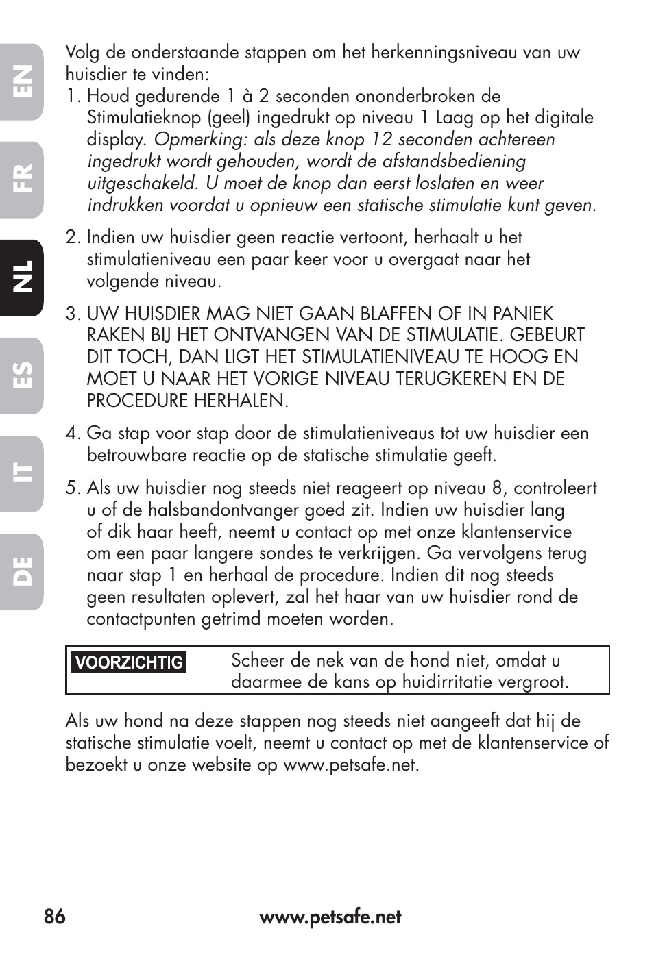 Fr en es nl it de | Petsafe Big Dog Remote Trainer User Manual | Page 86 / 200