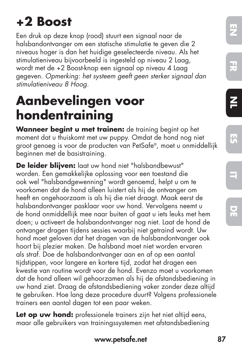2 boost, Aanbevelingen voor hondentraining, Fr en es nl it de | Petsafe Big Dog Remote Trainer User Manual | Page 87 / 200