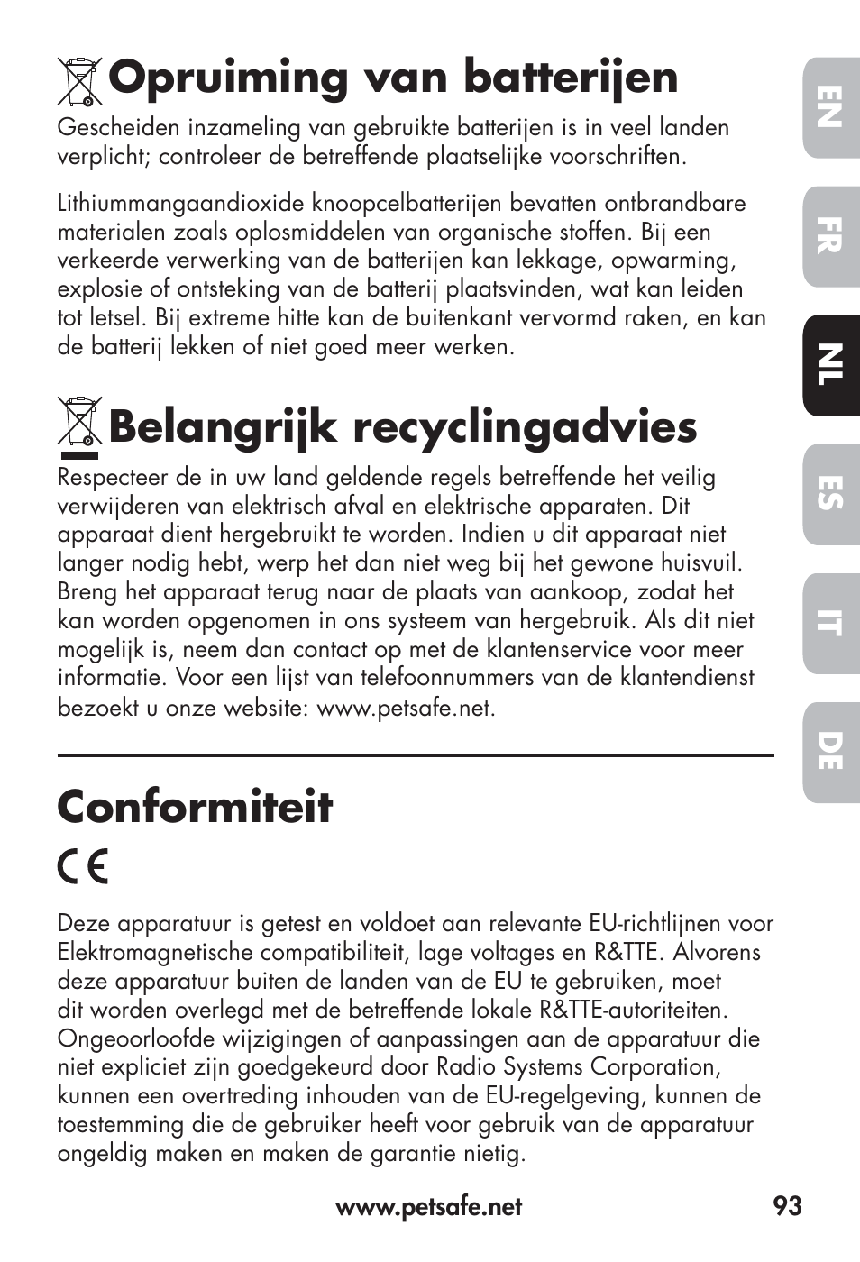 Opruiming van batterijen, Belangrijk recyclingadvies, Conformiteit | Petsafe Big Dog Remote Trainer User Manual | Page 93 / 200