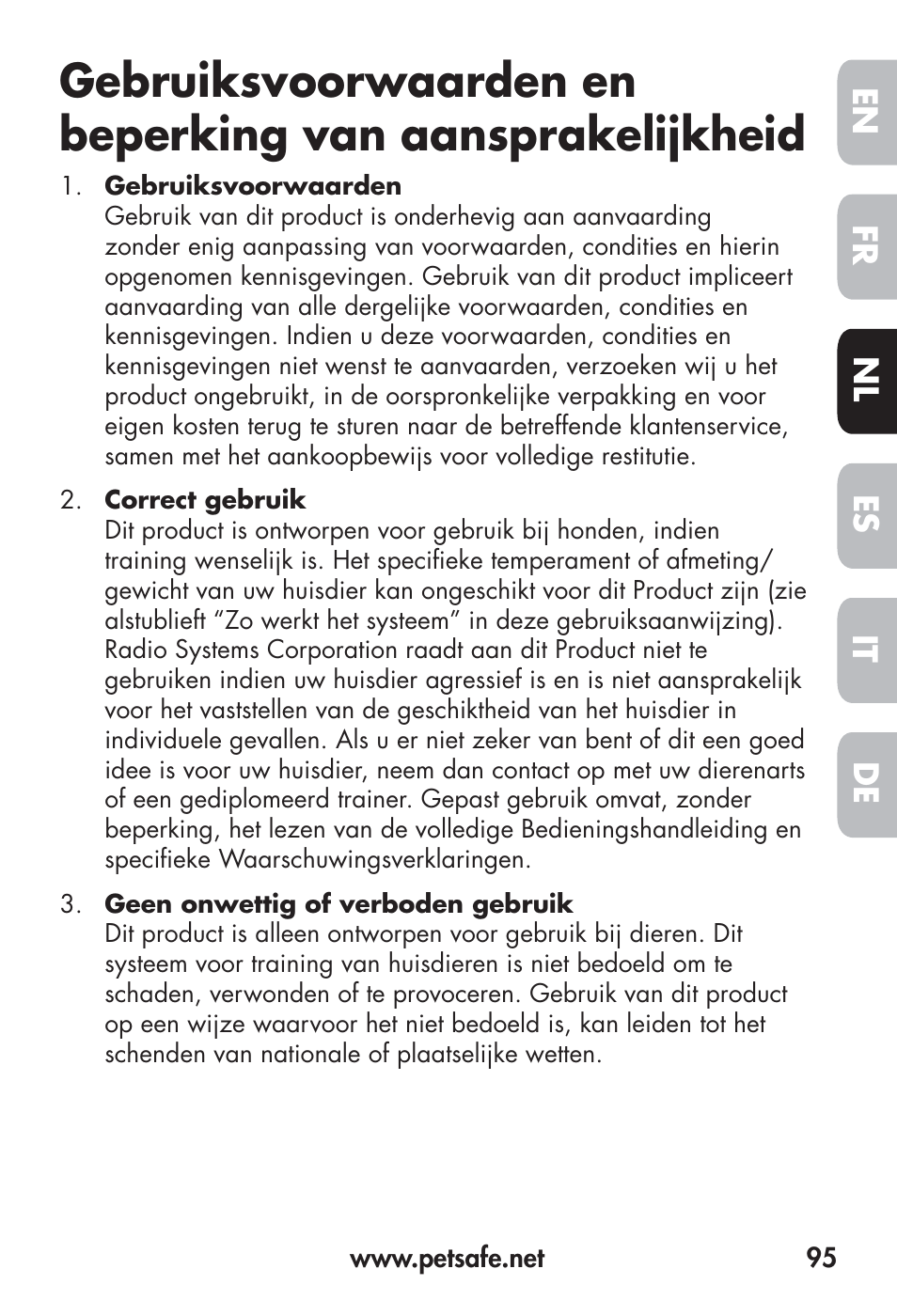 Fr en es nl it de | Petsafe Big Dog Remote Trainer User Manual | Page 95 / 200