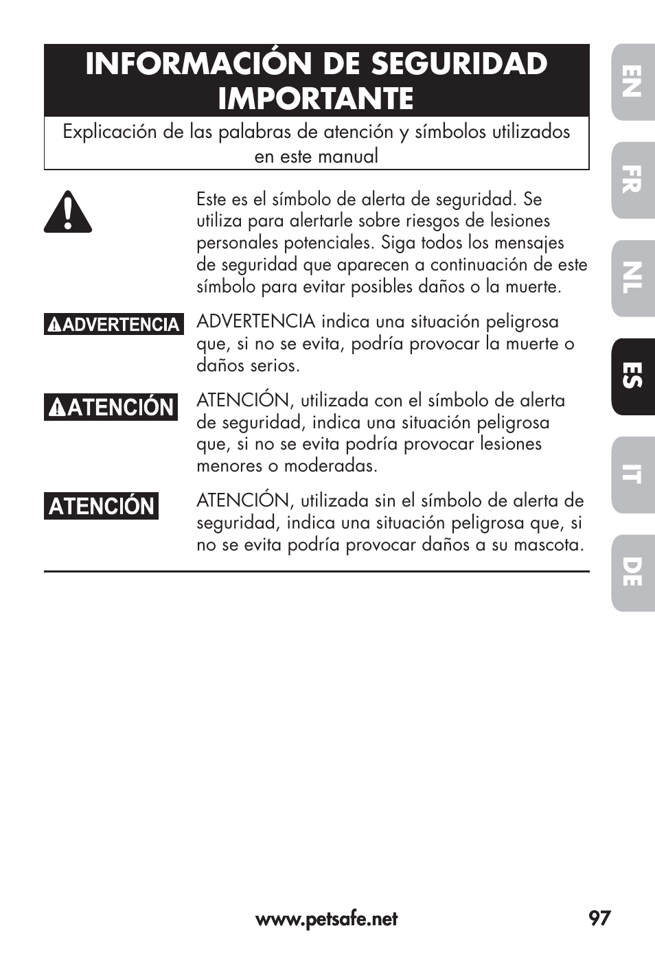 Información de seguridad importante | Petsafe Big Dog Remote Trainer User Manual | Page 97 / 200