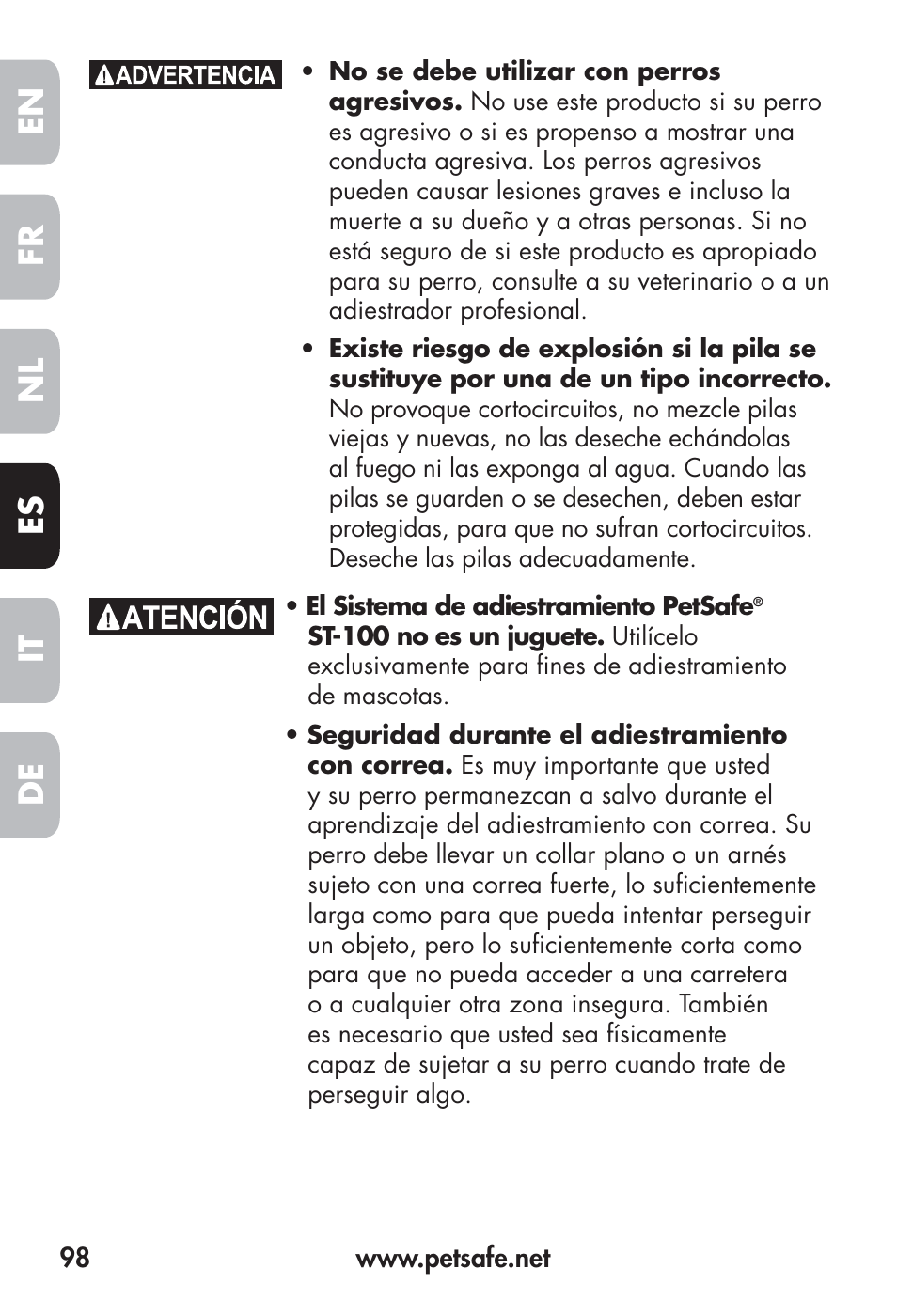 Fr en es nl it de | Petsafe Big Dog Remote Trainer User Manual | Page 98 / 200