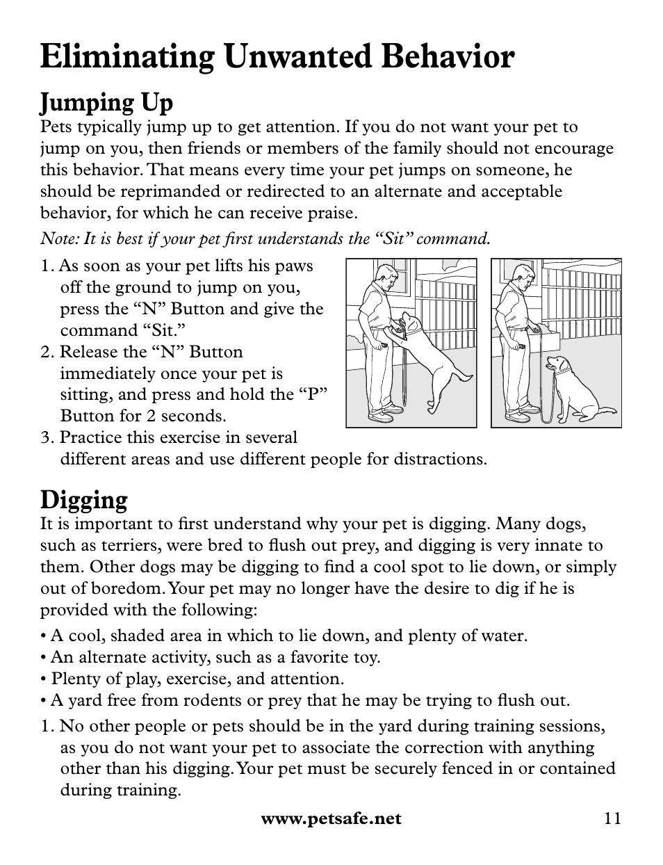 Eliminating unwanted behavior, Jumping up, Digging | Petsafe Collarless Remote Trainer User Manual | Page 11 / 88
