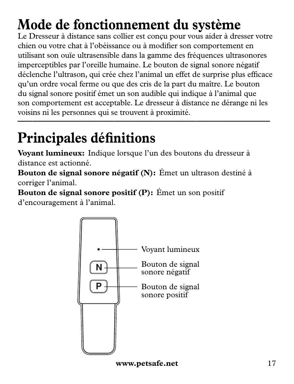 Mode de fonctionnement du système, Principales défi nitions | Petsafe Collarless Remote Trainer User Manual | Page 17 / 88