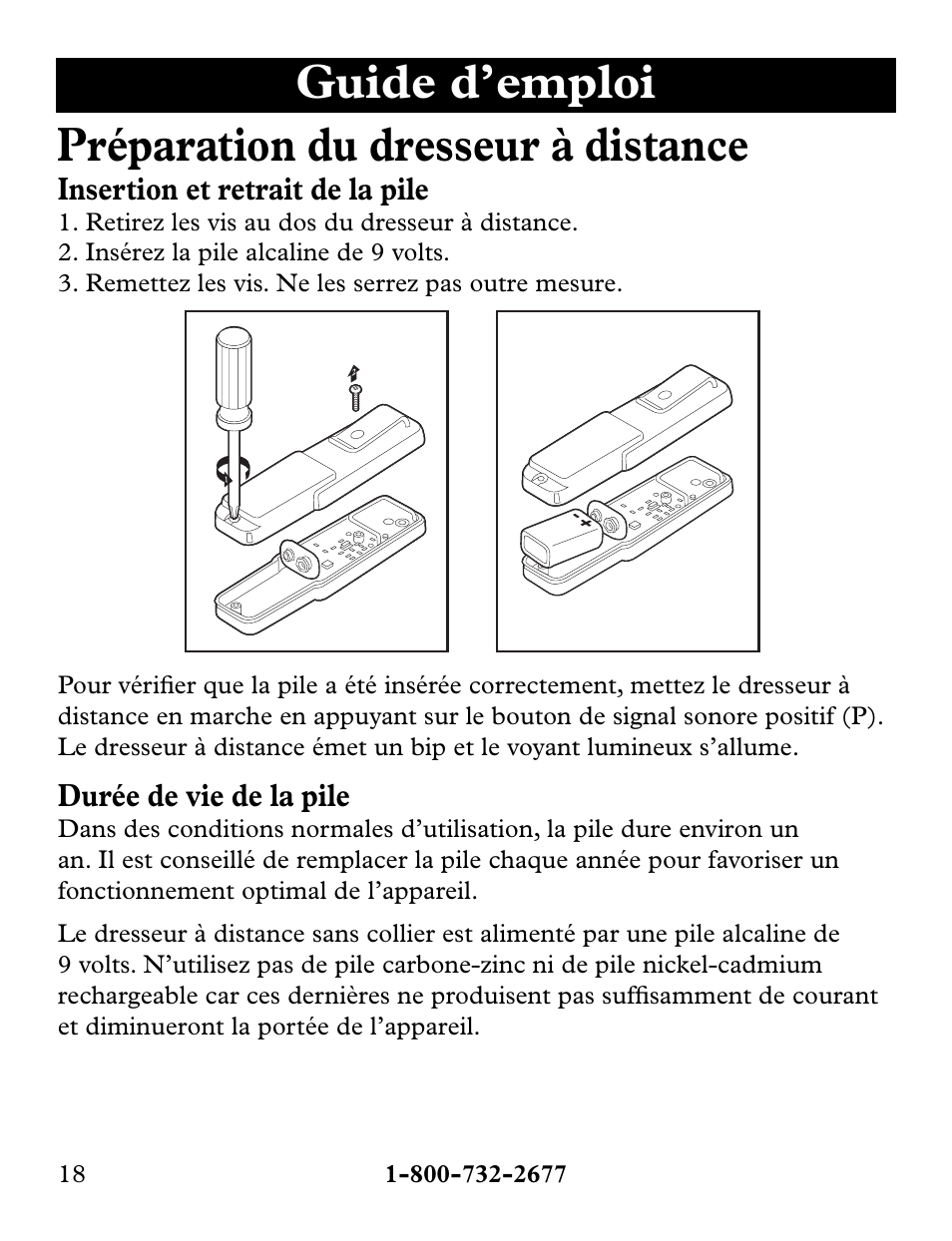 Guide d’emploi préparation du dresseur à distance, Insertion et retrait de la pile, Durée de vie de la pile | Petsafe Collarless Remote Trainer User Manual | Page 18 / 88