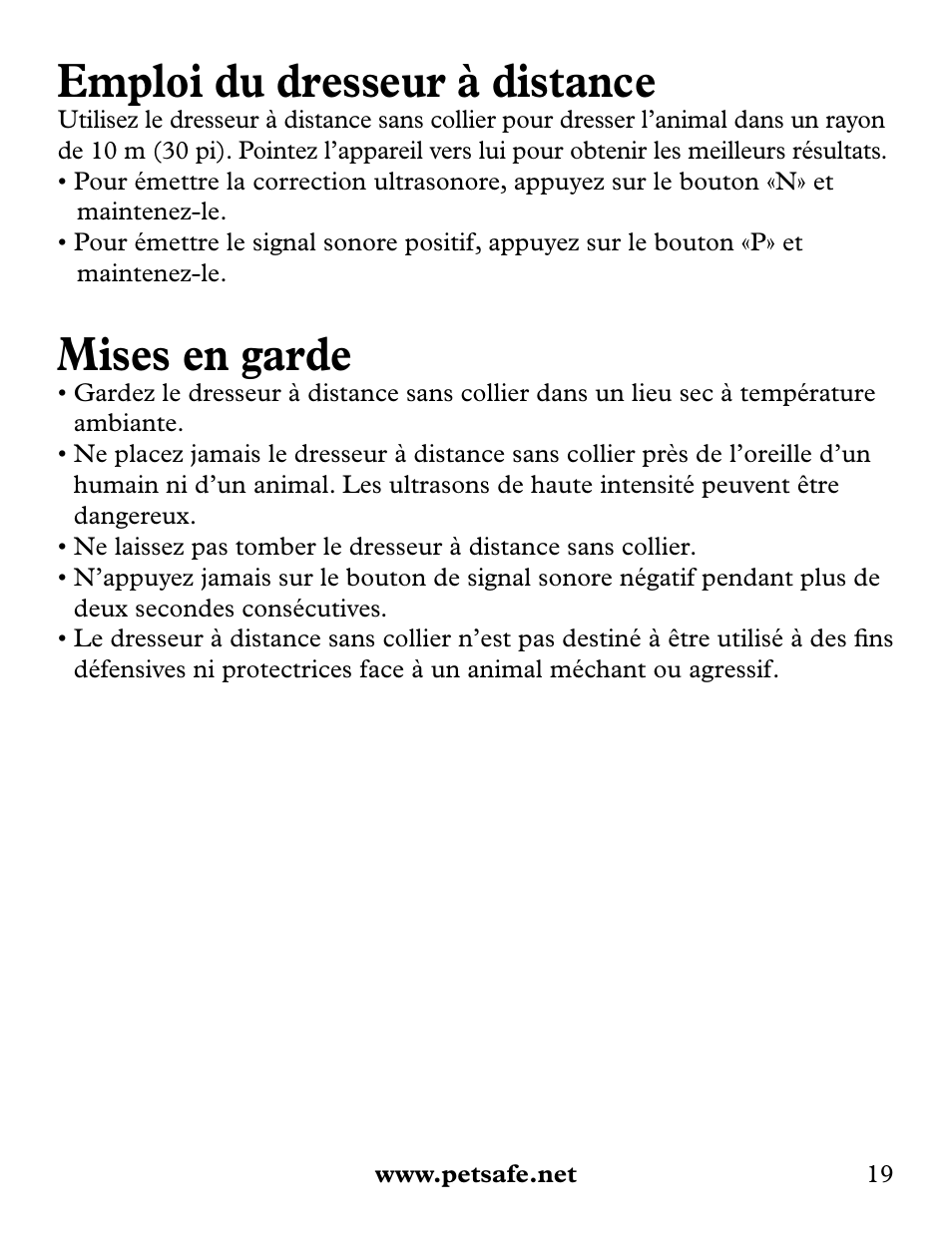 Emploi du dresseur à distance, Mises en garde | Petsafe Collarless Remote Trainer User Manual | Page 19 / 88