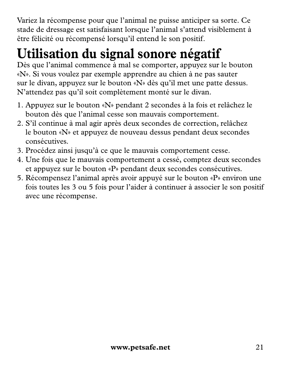 Utilisation du signal sonore négatif | Petsafe Collarless Remote Trainer User Manual | Page 21 / 88
