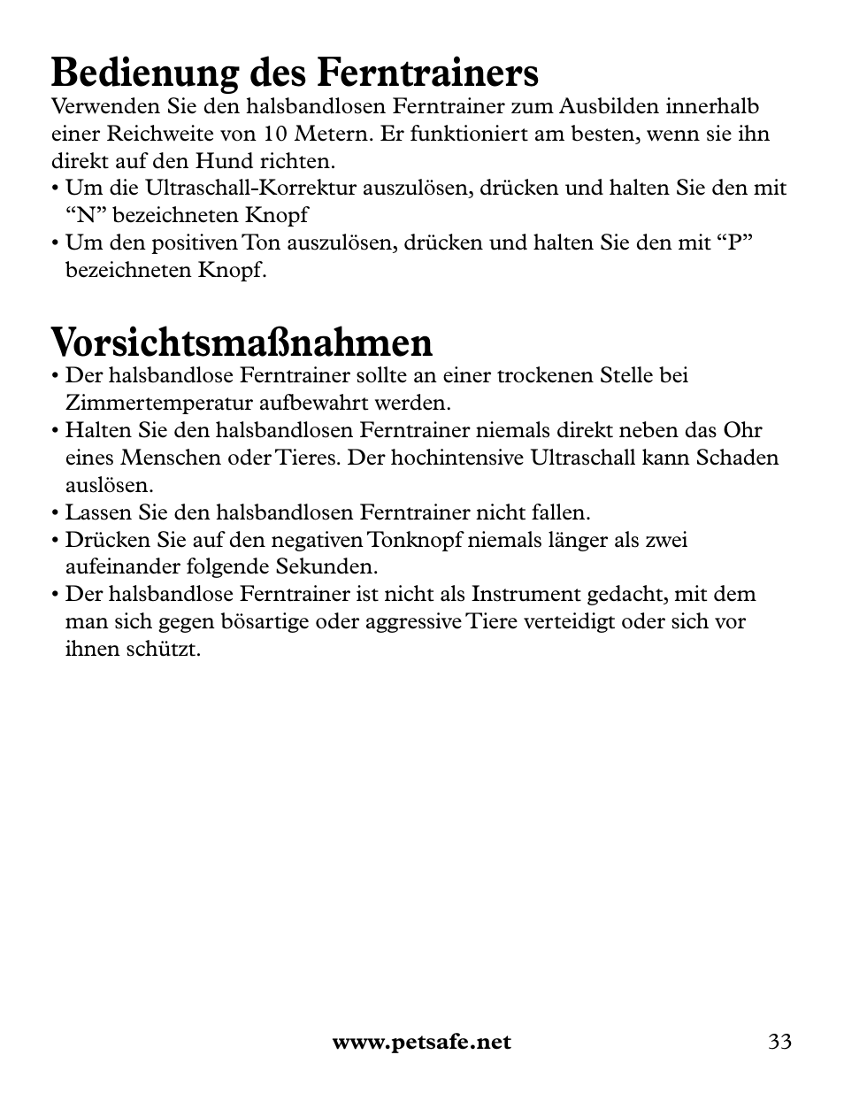 Bedienung des ferntrainers, Vorsichtsmaßnahmen | Petsafe Collarless Remote Trainer User Manual | Page 33 / 88