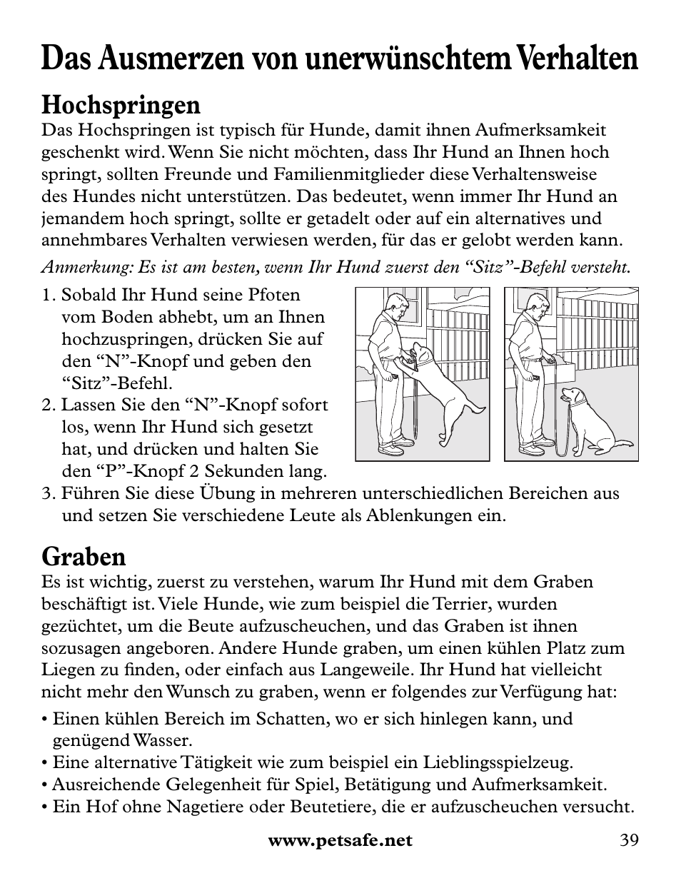 Das ausmerzen von unerwünschtem verhalten, Hochspringen, Graben | Petsafe Collarless Remote Trainer User Manual | Page 39 / 88
