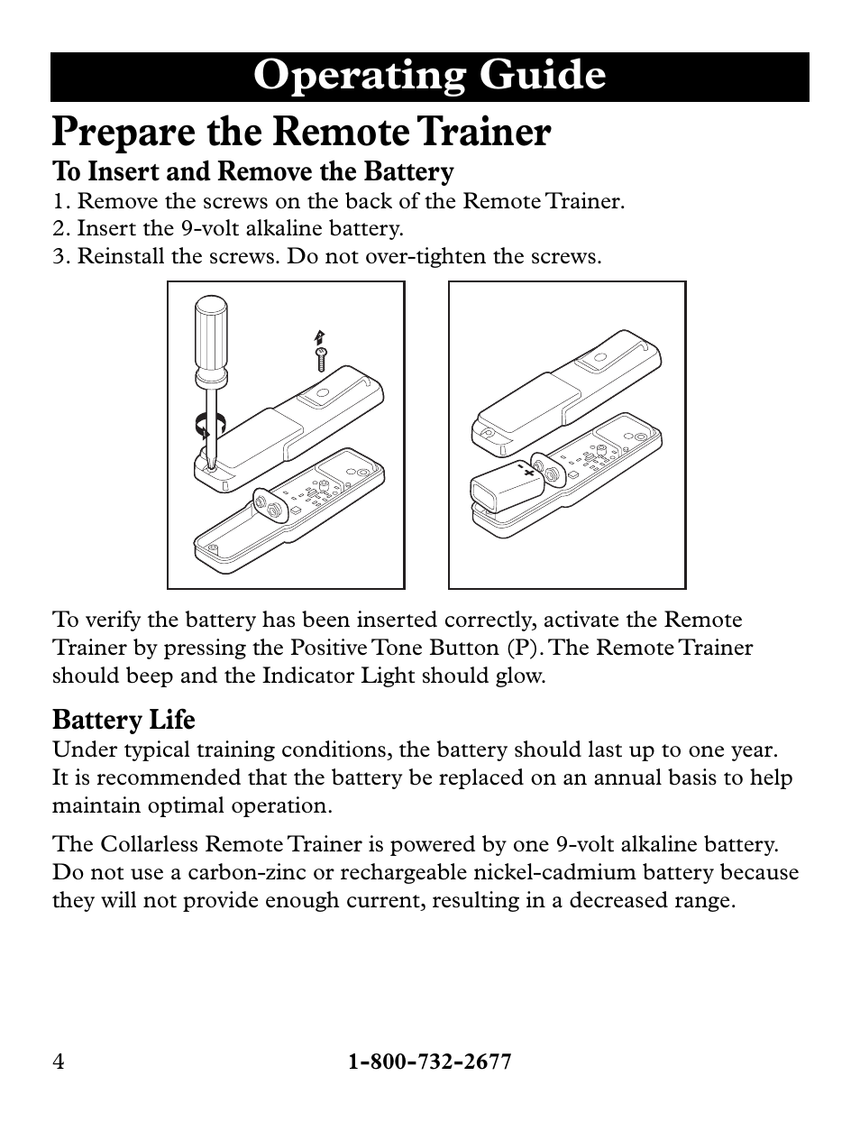 Operating guide prepare the remote trainer, Battery life | Petsafe Collarless Remote Trainer User Manual | Page 4 / 88