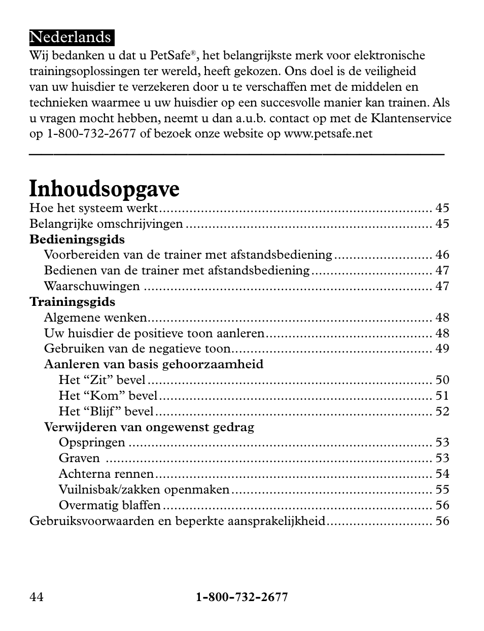 Inhoudsopgave, Nederlands | Petsafe Collarless Remote Trainer User Manual | Page 44 / 88