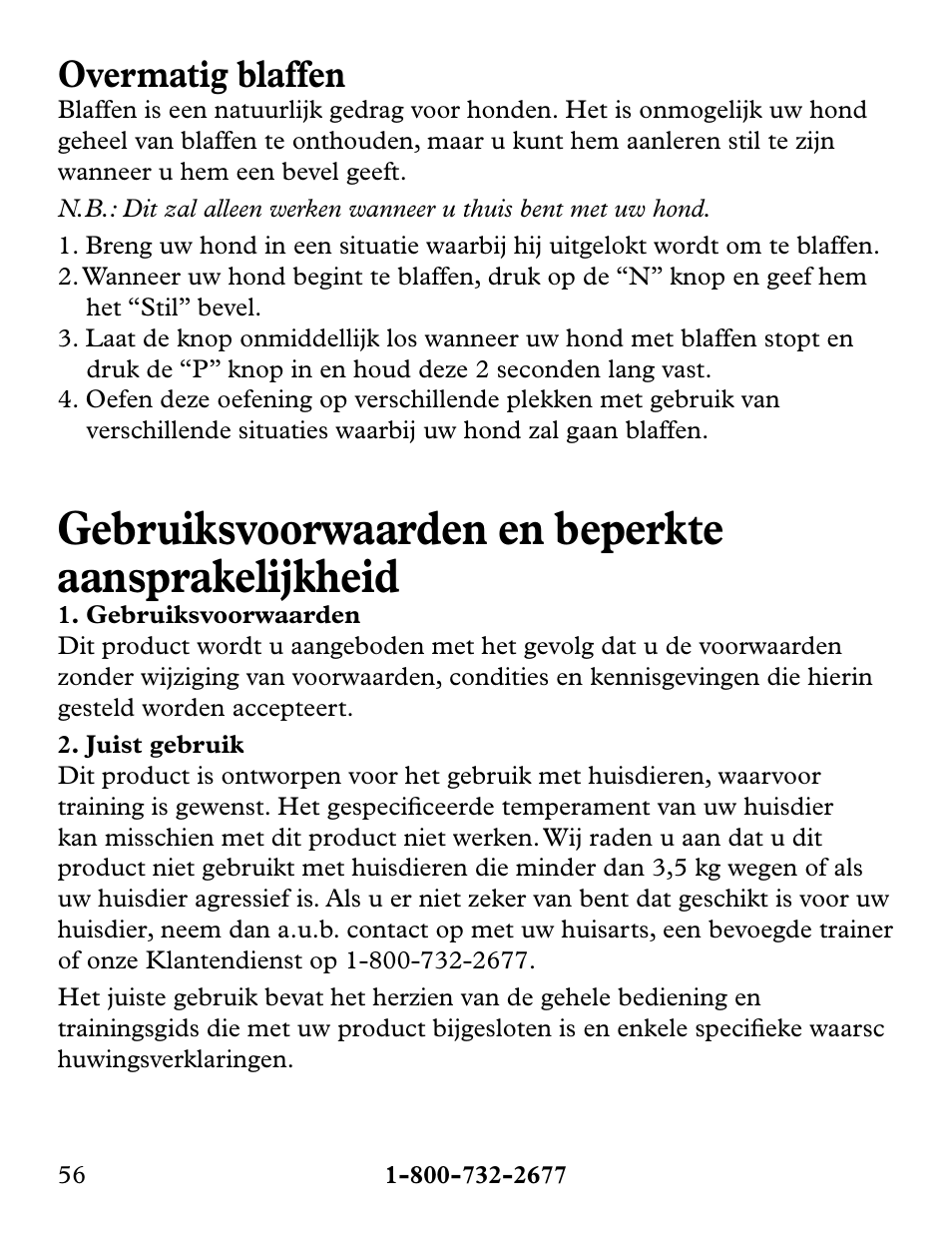 Gebruiksvoorwaarden en beperkte aansprakelijkheid, Overmatig blaffen | Petsafe Collarless Remote Trainer User Manual | Page 56 / 88