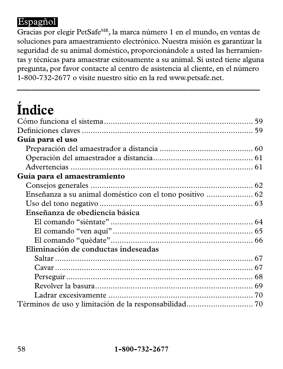 Índice, Espagñol | Petsafe Collarless Remote Trainer User Manual | Page 58 / 88