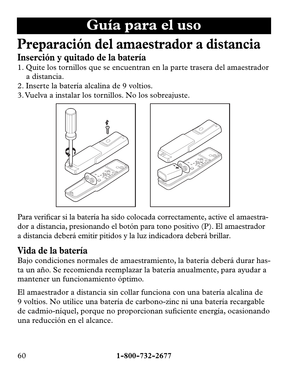 Inserción y quitado de la batería, Vida de la batería | Petsafe Collarless Remote Trainer User Manual | Page 60 / 88
