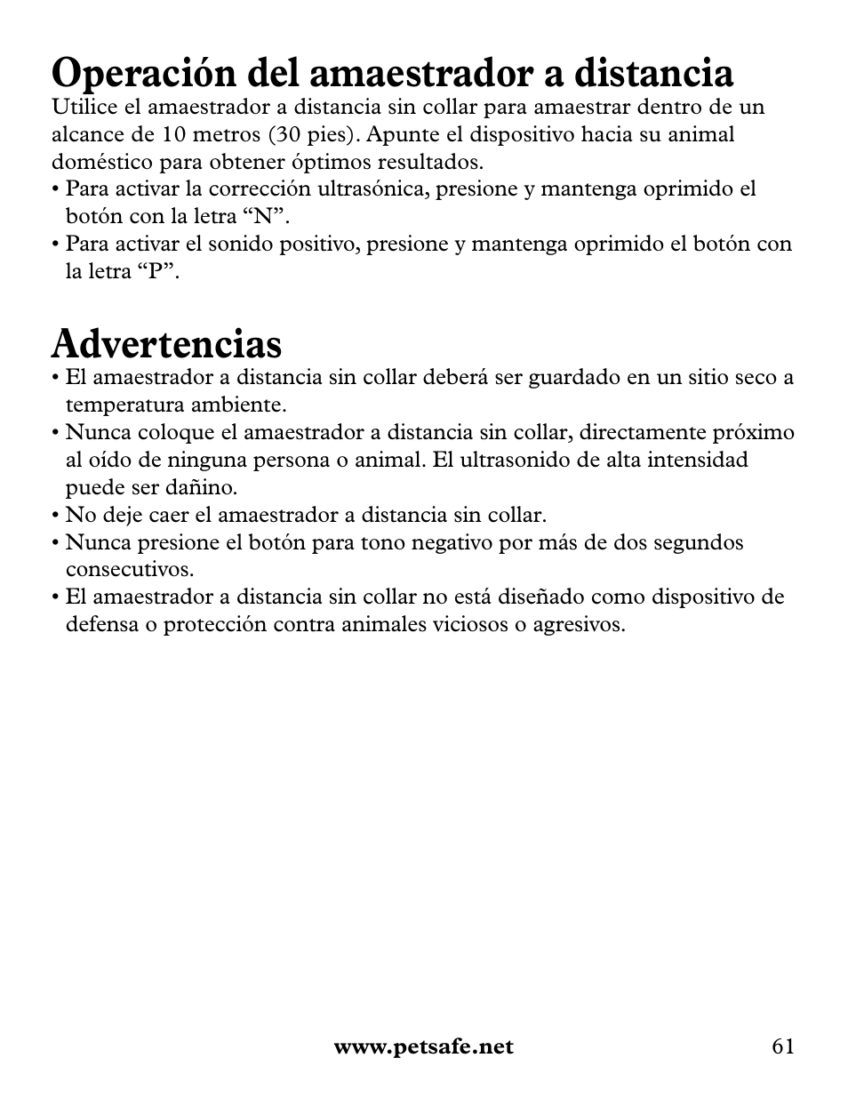 Operación del amaestrador a distancia, Advertencias | Petsafe Collarless Remote Trainer User Manual | Page 61 / 88