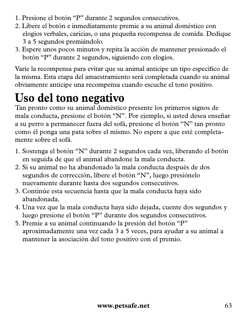 Uso del tono negativo | Petsafe Collarless Remote Trainer User Manual | Page 63 / 88