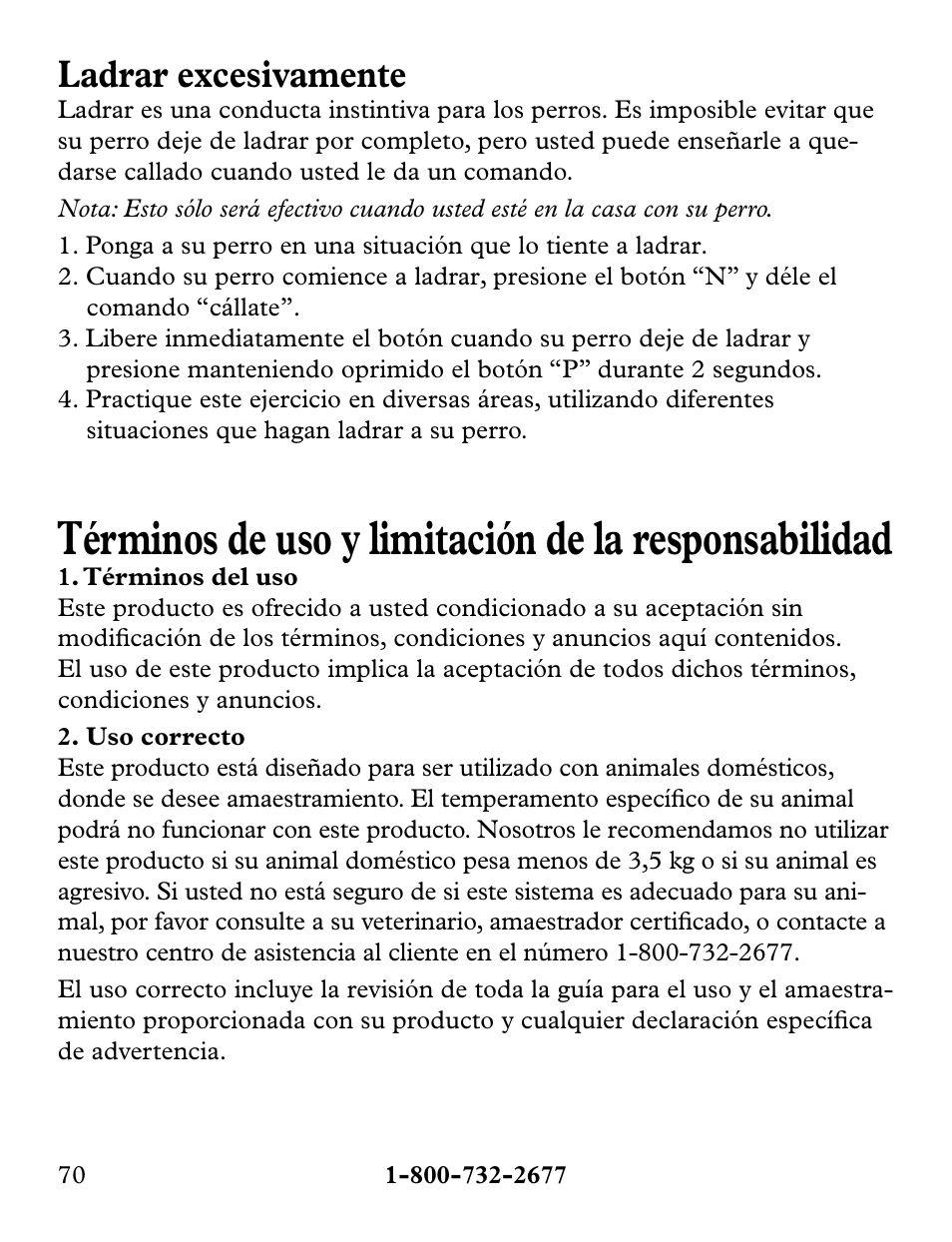 Términos de uso y limitación de la responsabilidad, Ladrar excesivamente | Petsafe Collarless Remote Trainer User Manual | Page 70 / 88
